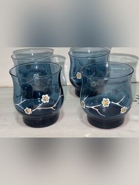 4–Libbey Smokey Blue Dogwood Flower Water Glasses -Vintage Retro 1970s